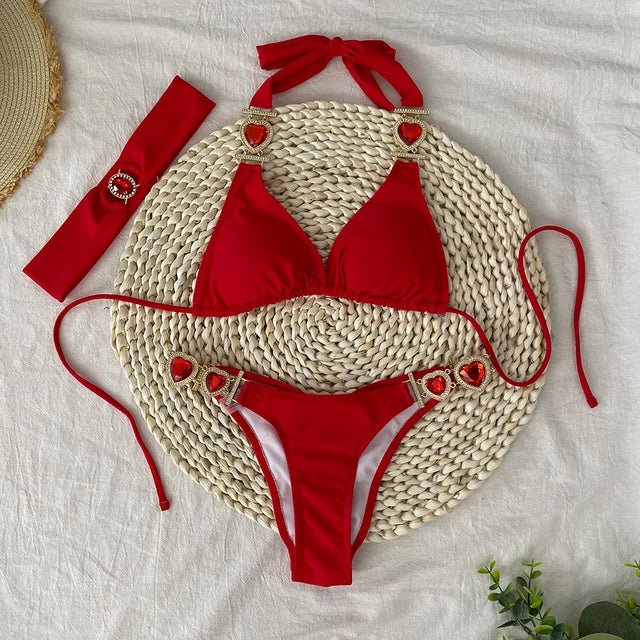 Womens Glittering Red Diamond Bikini Set with Metal Chain - GirlnamedParis