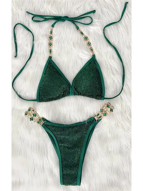 Womens Halter Neck Rhinestone Bikini Set for Swimming - GirlnamedParis