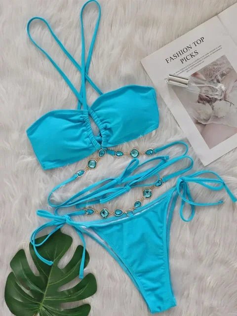 Womens Halter Rhinestone Bikini Set TwoPiece Beachwear - GirlnamedParis