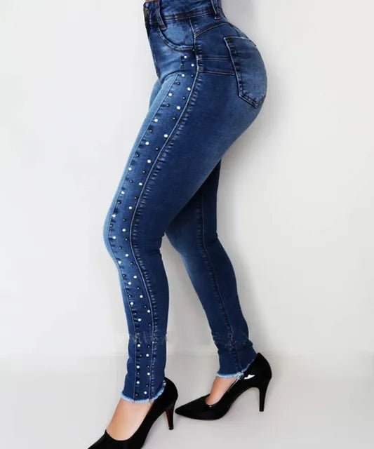 Womens HighWaist Beaded HipEnhancing Stretch Jeans S2XL - GirlnamedParis