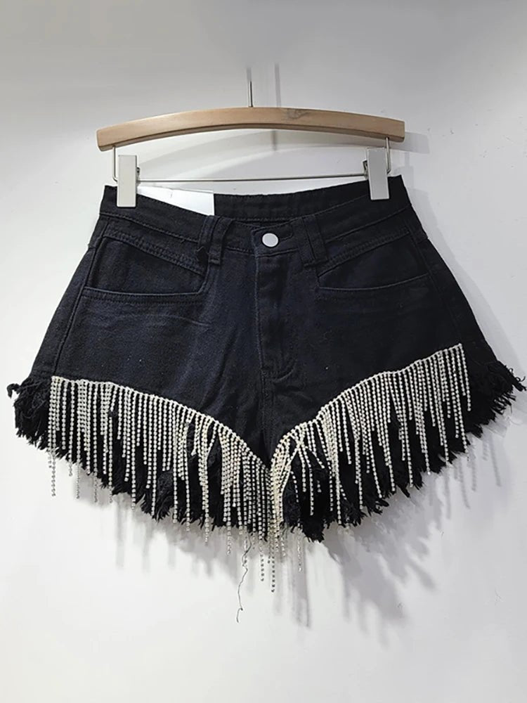 Womens HighWaist ChainFringe Denim Shorts Fall 2024 - GirlnamedParis