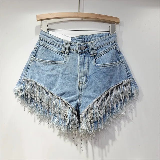 Womens HighWaist ChainFringe Denim Shorts Fall 2024 - GirlnamedParis