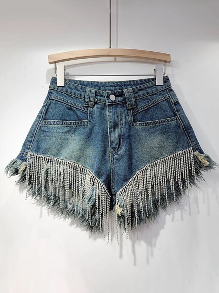 Womens HighWaist ChainFringe Denim Shorts Fall 2024 - GirlnamedParis