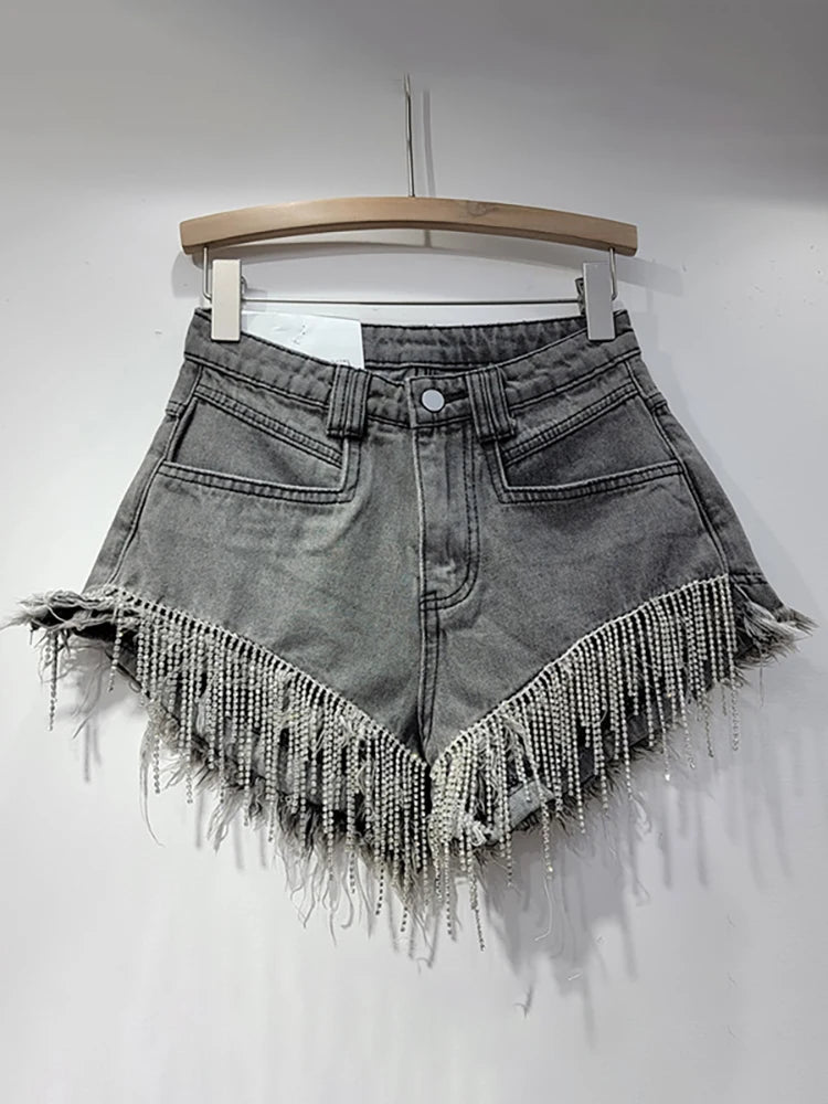 Womens HighWaist ChainFringe Denim Shorts Fall 2024 - GirlnamedParis