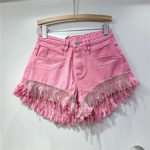 Womens HighWaist ChainFringe Denim Shorts Fall 2024 - GirlnamedParis