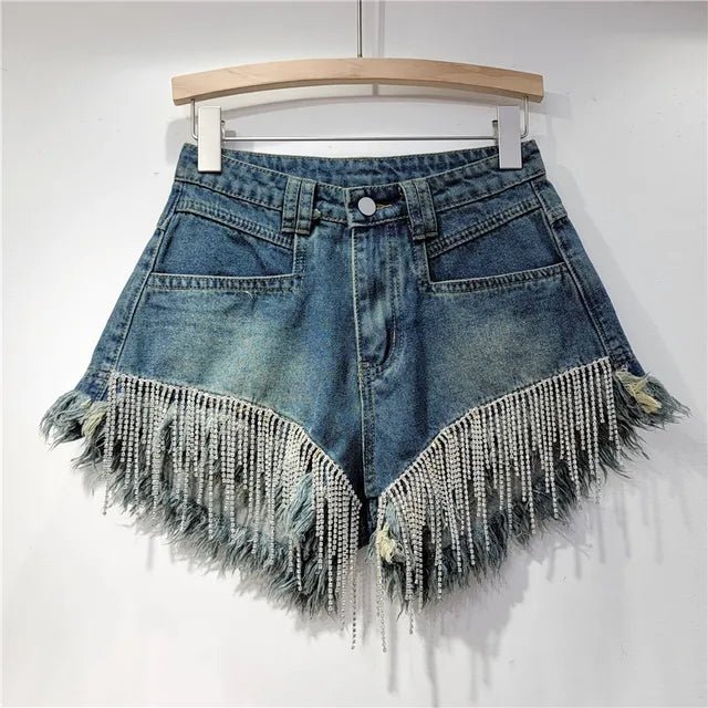 Womens HighWaist ChainFringe Denim Shorts Fall 2024 - GirlnamedParis