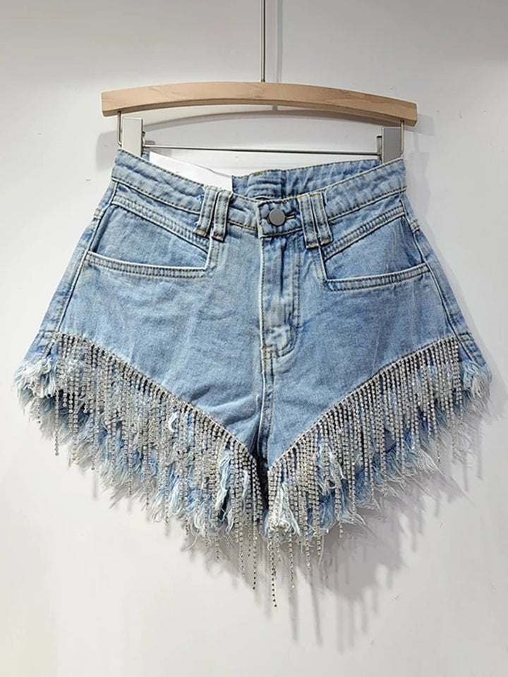 Womens HighWaist ChainFringe Denim Shorts Fall 2024 - GirlnamedParis