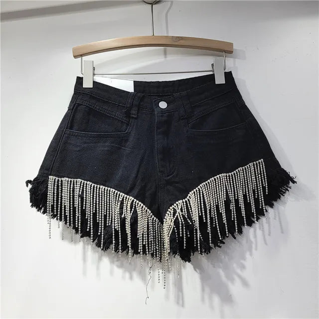 Womens HighWaist ChainFringe Denim Shorts Fall 2024 - GirlnamedParis