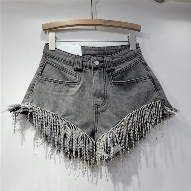 Womens HighWaist ChainFringe Denim Shorts Fall 2024 - GirlnamedParis