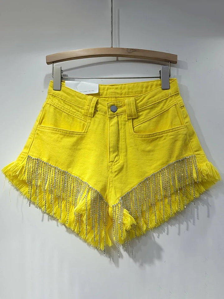 Womens HighWaist ChainFringe Denim Shorts Fall 2024 - GirlnamedParis