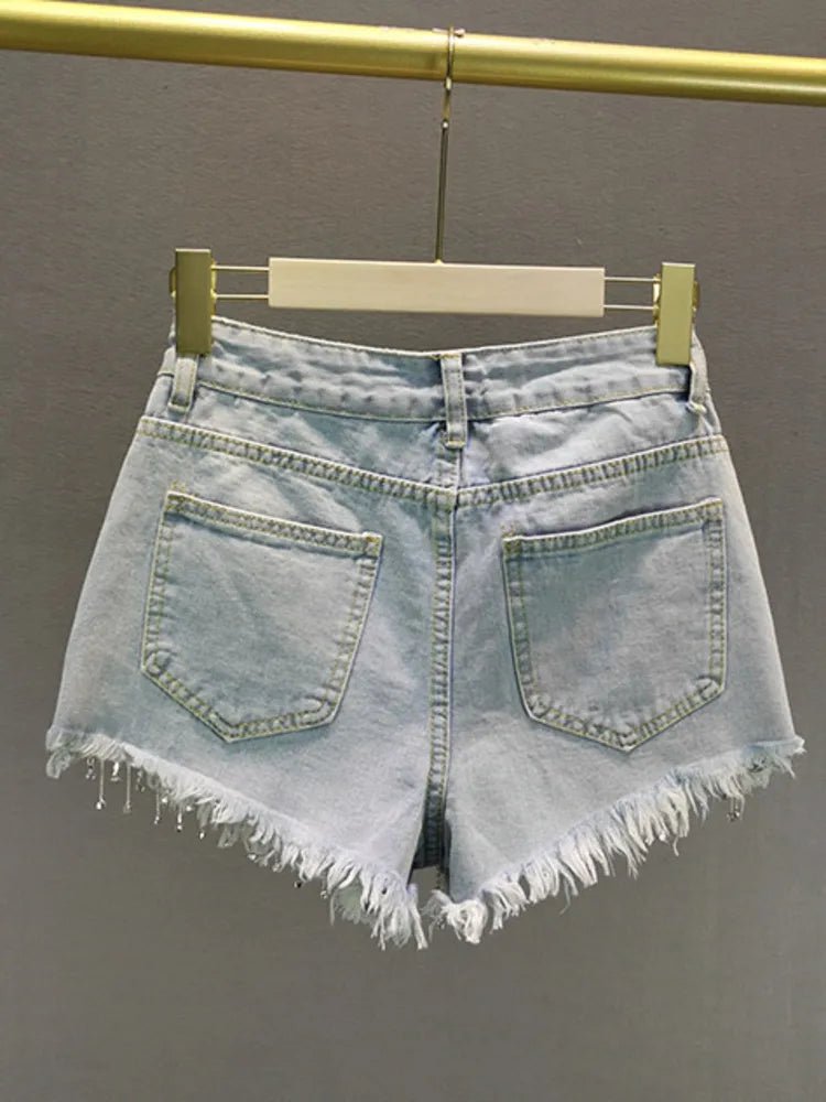 Womens HighWaist Denim Shorts with Fringe and Chains 2024 Fashion - GirlnamedParis