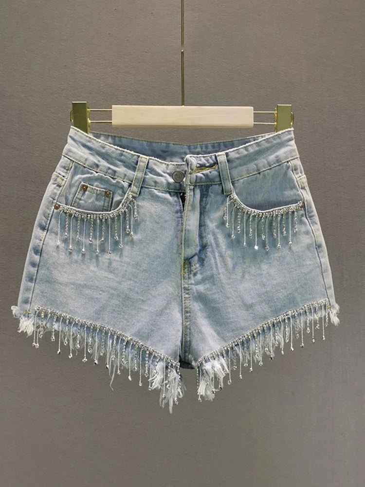 Womens HighWaist Denim Shorts with Fringe and Chains 2024 Fashion - GirlnamedParis