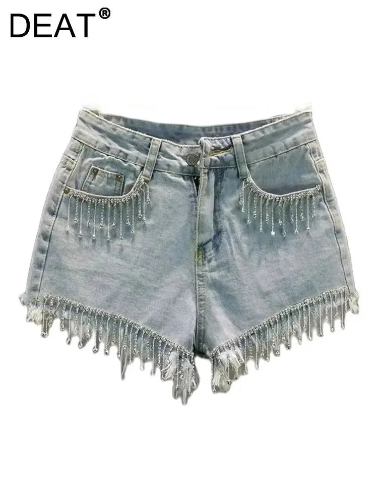 Womens HighWaist Denim Shorts with Fringe and Chains 2024 Fashion - GirlnamedParis