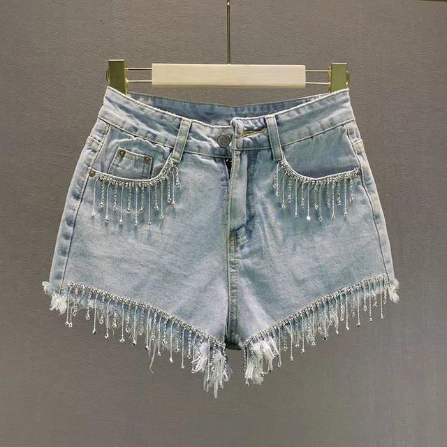 Womens HighWaist Denim Shorts with Fringe and Chains 2024 Fashion - GirlnamedParis