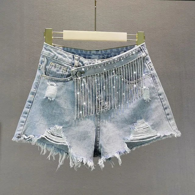 Womens HighWaist Frayed Denim Shorts with Rhinestones - GirlnamedParis