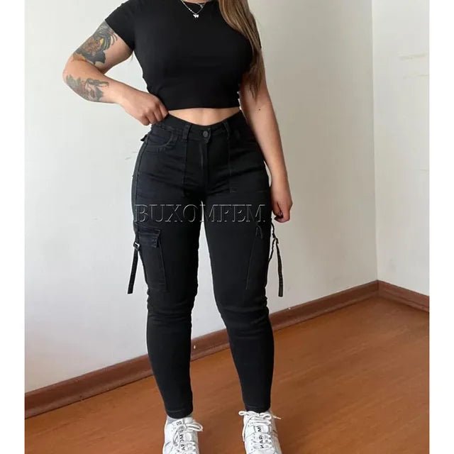 Womens HighWaisted Cargo Straight Jeans with Unique Pockets - GirlnamedParis