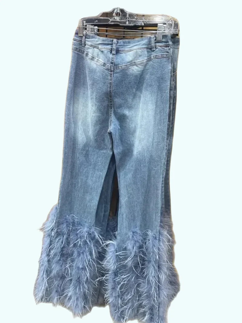 Womens HighWaisted Feathered Denim Jeans with Pearls - GirlnamedParis