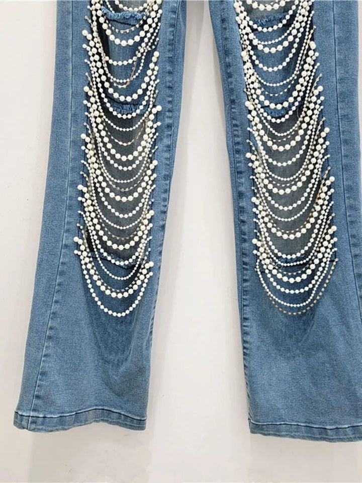 Womens HighWaisted Ripped Jeans with Diamond Pearl Chains - GirlnamedParis