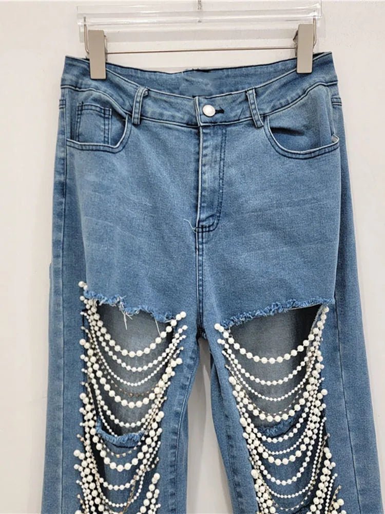 Womens HighWaisted Ripped Jeans with Diamond Pearl Chains - GirlnamedParis