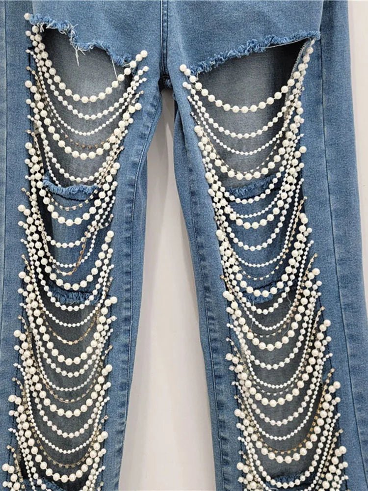 Womens HighWaisted Ripped Jeans with Diamond Pearl Chains - GirlnamedParis