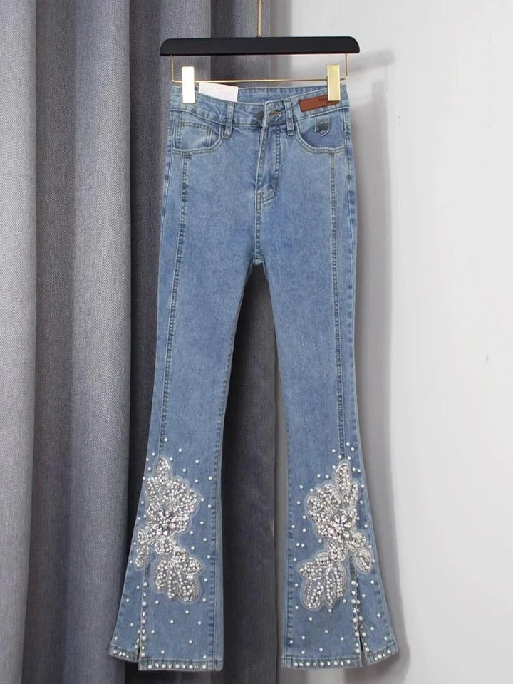 Womens Jeans with Floral Embroidery and Rhinestones - GirlnamedParis