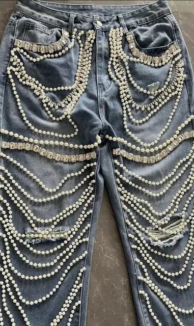 Womens Jeans with Rhinestones and Large Rips - GirlnamedParis