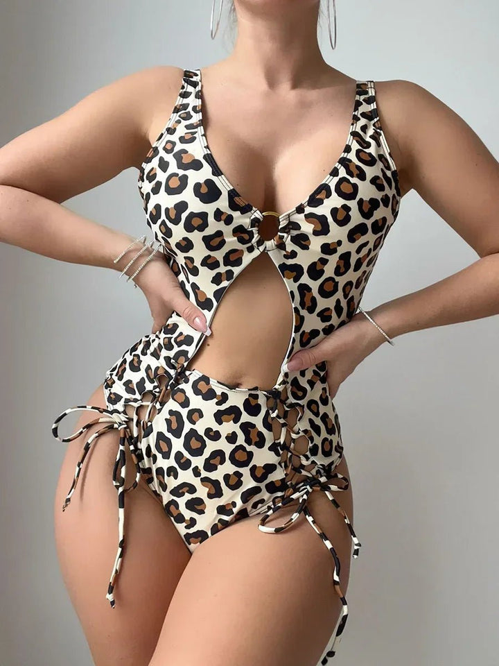 Womens LaceUp Leopard Print HighCut Monokini Swimsuit - GirlnamedParis