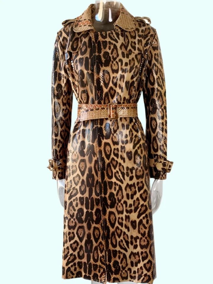 Womens Leopard Print PU Leather Trench Coat Paris - Runway - GirlnamedParis