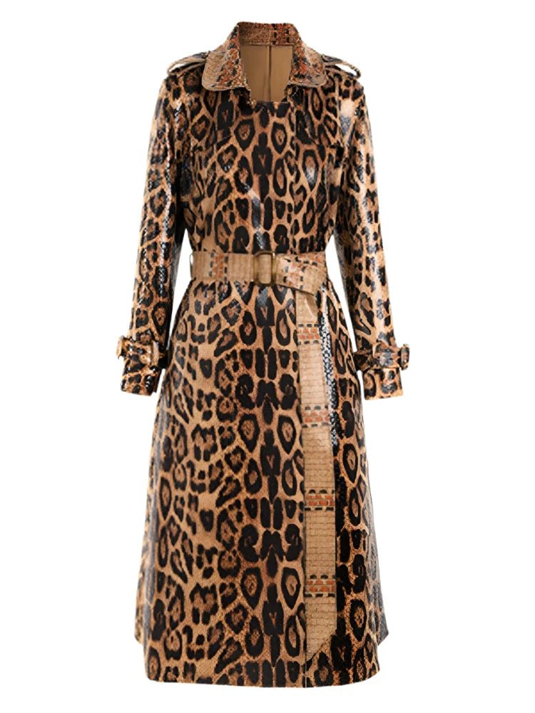 Womens Leopard Print PU Leather Trench Coat Paris - Runway - GirlnamedParis