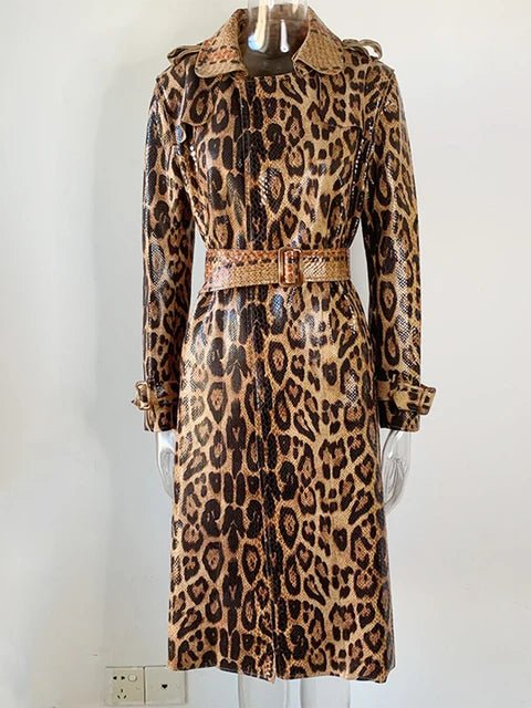 Womens Leopard Print PU Leather Trench Coat Paris - Runway - GirlnamedParis