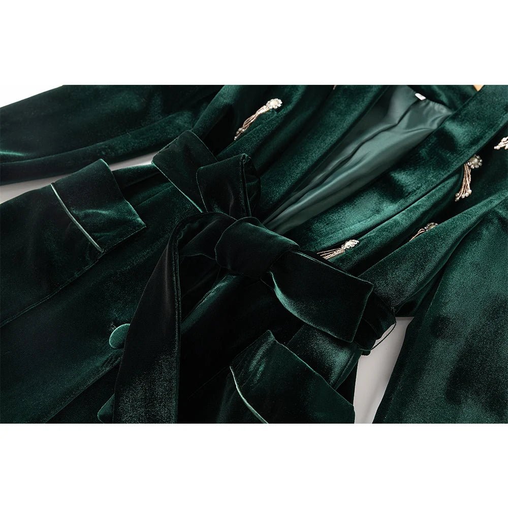 Womens Luxury Dark Green Velvet Jacket Pant Set with Stones - GirlnamedParis