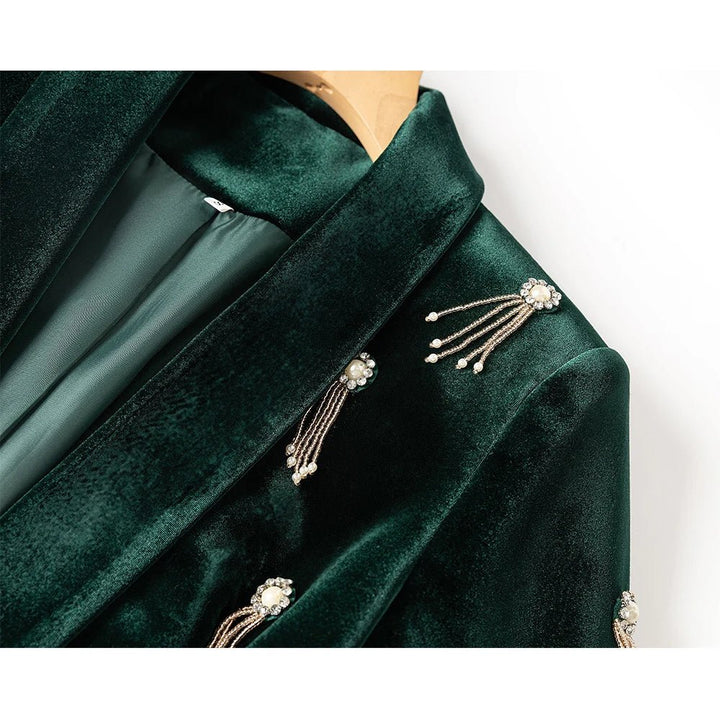 Womens Luxury Dark Green Velvet Jacket Pant Set with Stones - GirlnamedParis