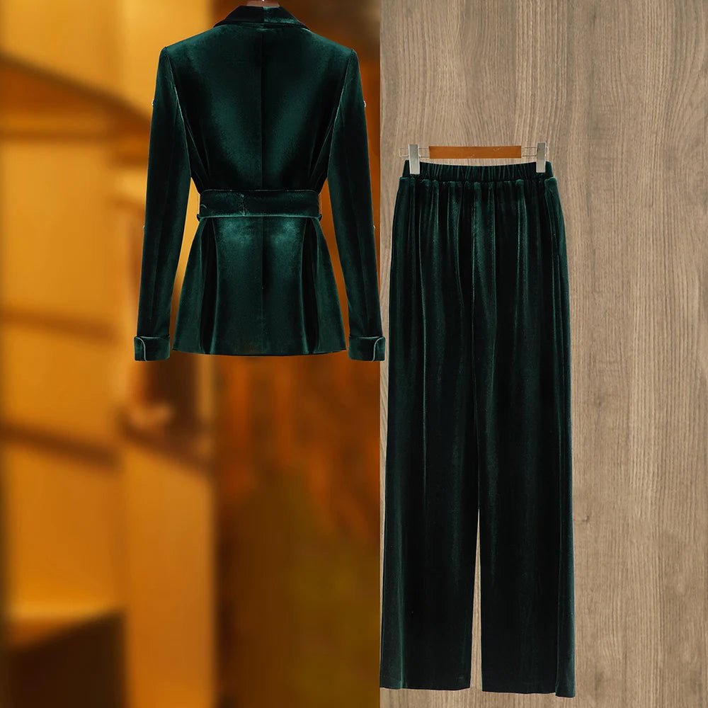 Womens Luxury Dark Green Velvet Jacket Pant Set with Stones - GirlnamedParis