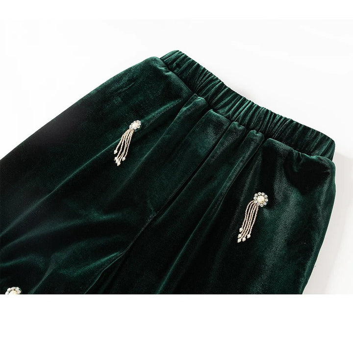 Womens Luxury Dark Green Velvet Jacket Pant Set with Stones - GirlnamedParis