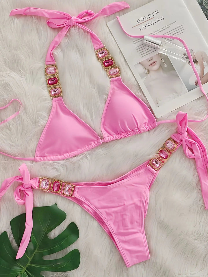 Womens Luxury Pink Rhinestone Bikini Thong Set - GirlnamedParis