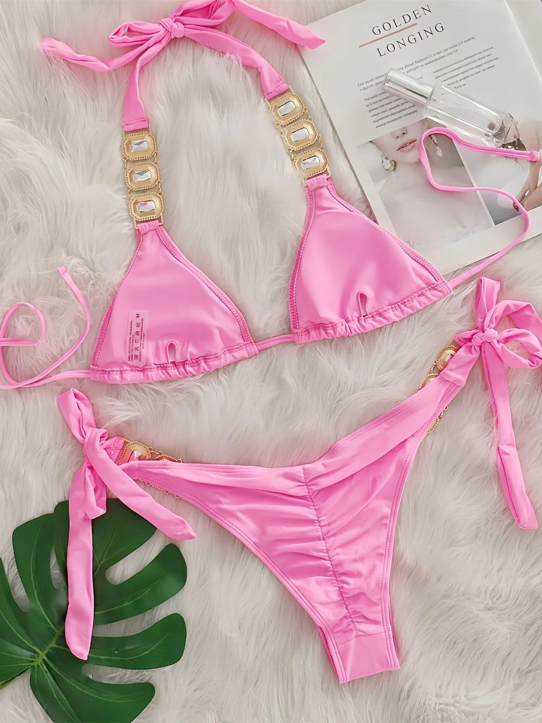 Womens Luxury Pink Rhinestone Bikini Thong Set - GirlnamedParis