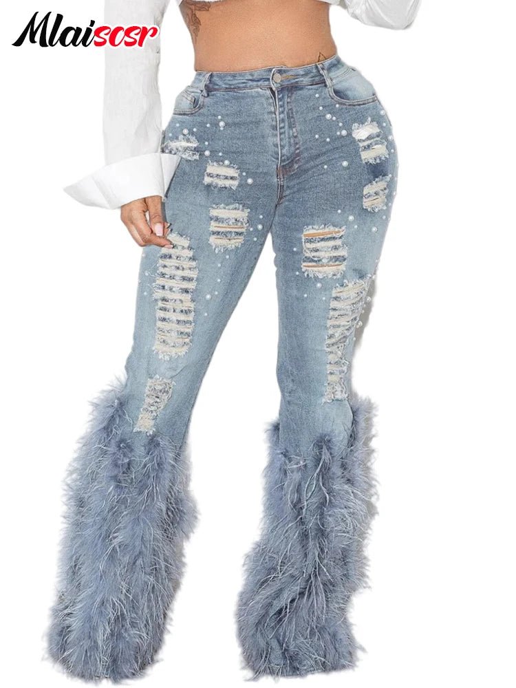 Womens MidWaist Distressed Feathered Pearl Jeans - GirlnamedParis