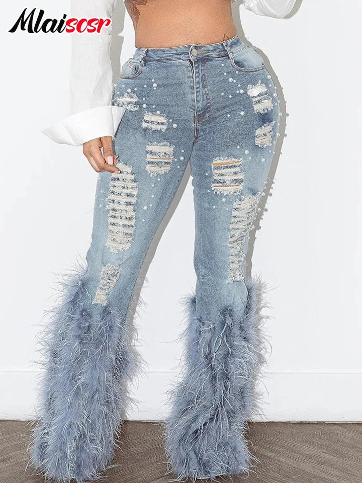 Womens MidWaist Distressed Feathered Pearl Jeans - GirlnamedParis