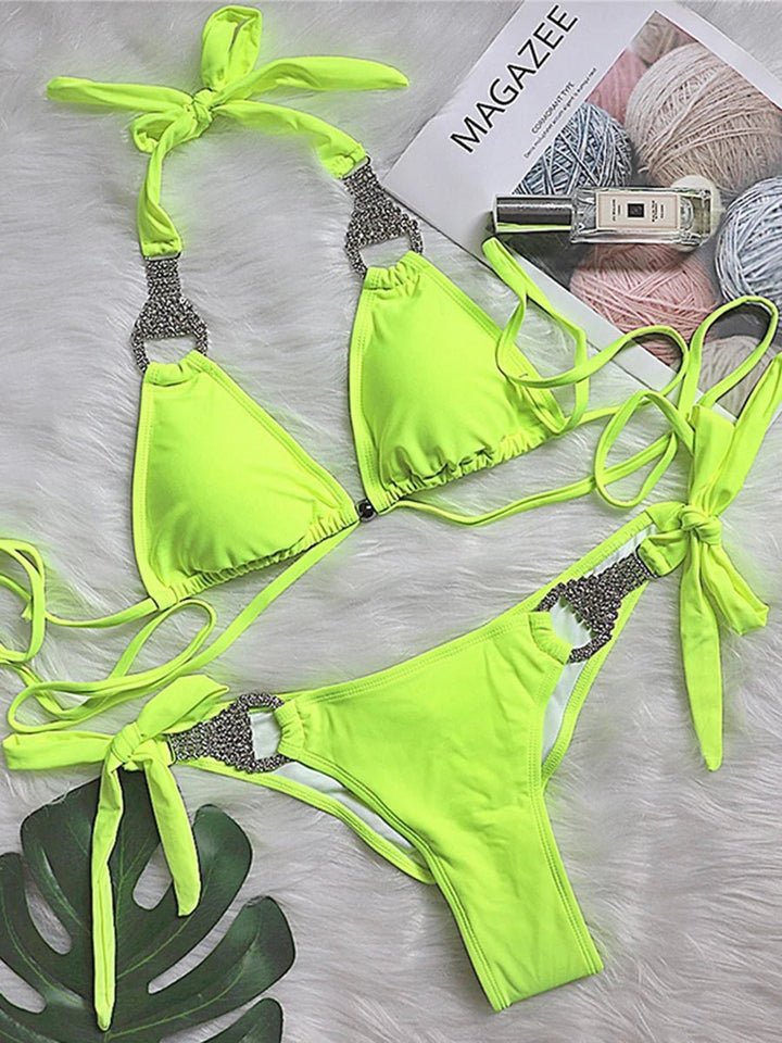 Womens Neon Green Halter Bikini with Rhinestones 2024 Collection - GirlnamedParis