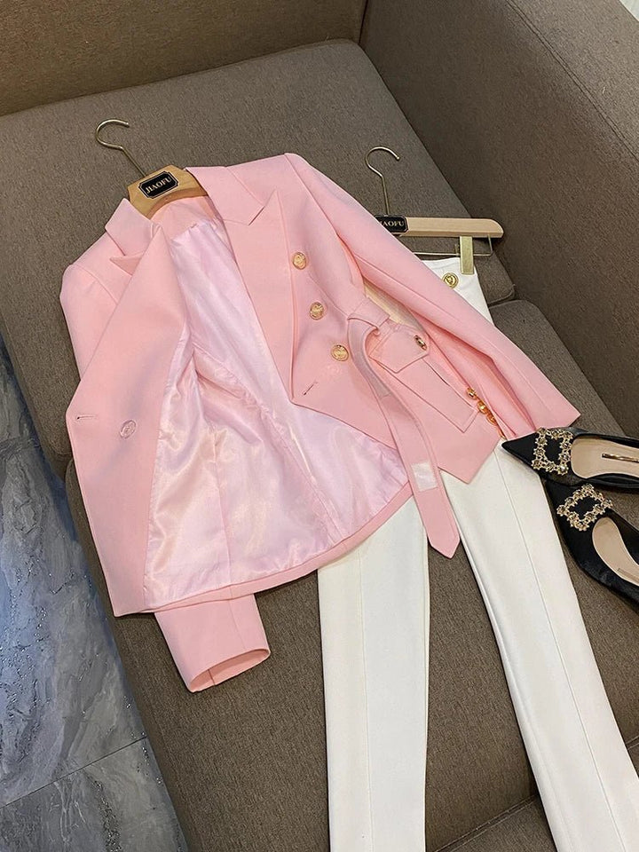 Womens Pink Tailored Blazer with Gold Buttons 2023 Edition - GirlnamedParis