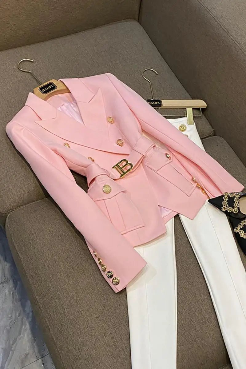 Womens Pink Tailored Blazer with Gold Buttons 2023 Edition - GirlnamedParis