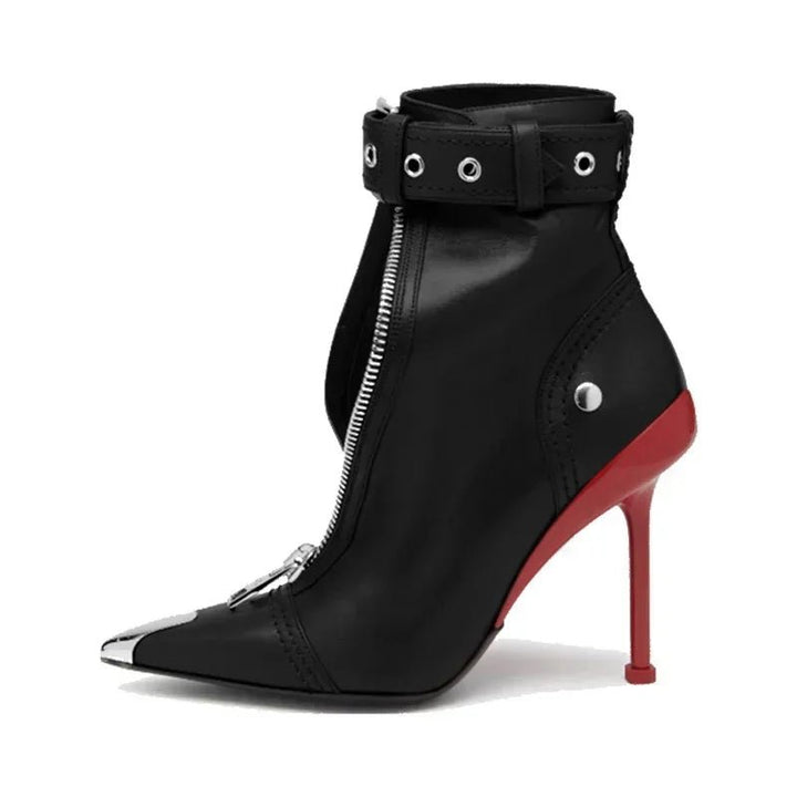 Womens Red High Heel Ankle Boots with Metal Detail - GirlnamedParis