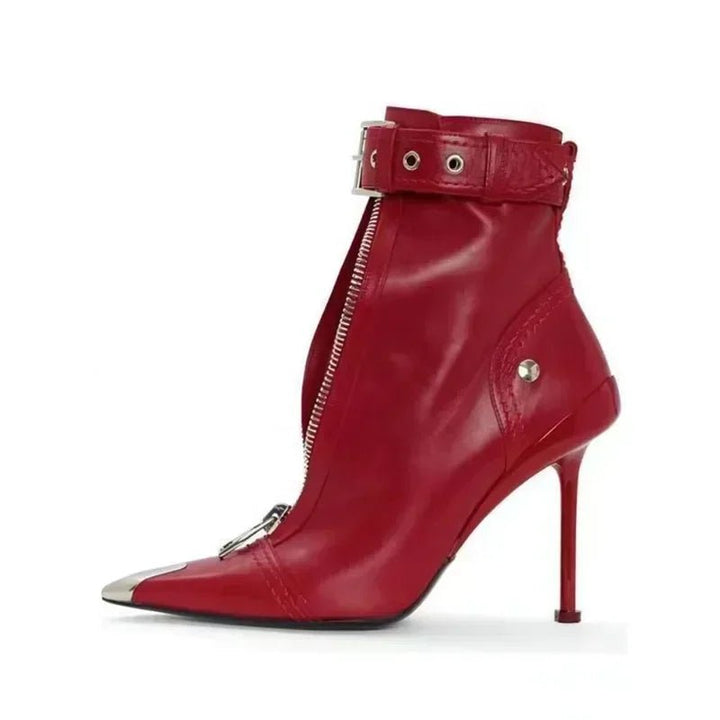 Womens Red High Heel Ankle Boots with Metal Detail - GirlnamedParis