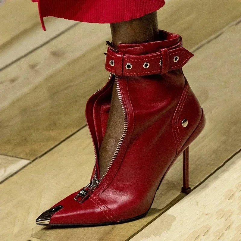 Womens Red High Heel Ankle Boots with Metal Detail - GirlnamedParis