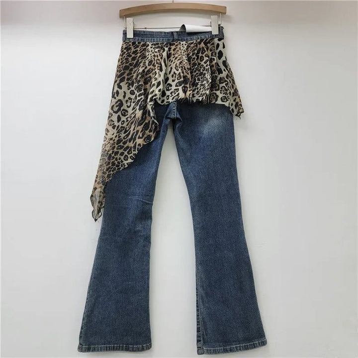 Womens Retro Leopard Patchwork Flare Jeans Winter 2024 - GirlnamedParis