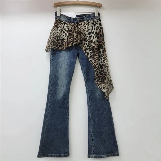 Womens Retro Leopard Patchwork Flare Jeans Winter 2024 - GirlnamedParis