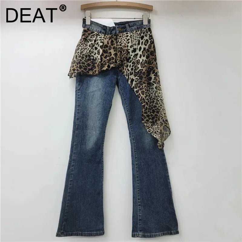 Womens Retro Leopard Patchwork Flare Jeans Winter 2024 - GirlnamedParis