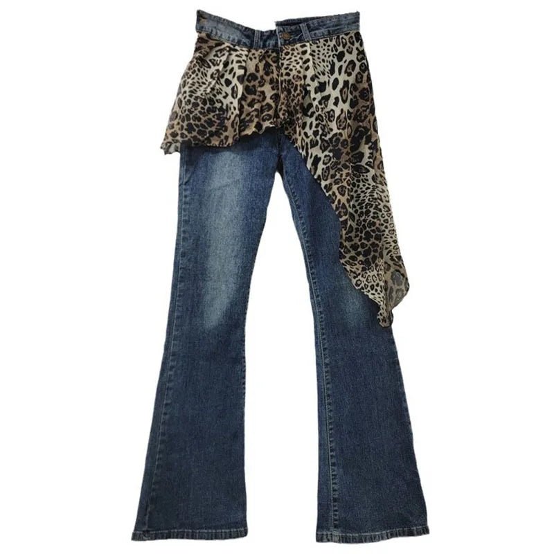 Womens Retro Leopard Patchwork Flare Jeans Winter 2024 - GirlnamedParis