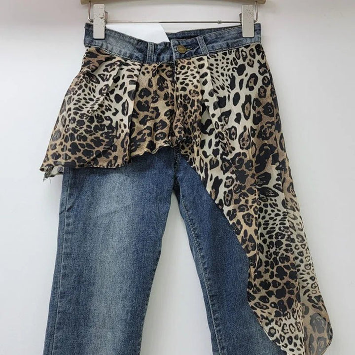 Womens Retro Leopard Patchwork Flare Jeans Winter 2024 - GirlnamedParis