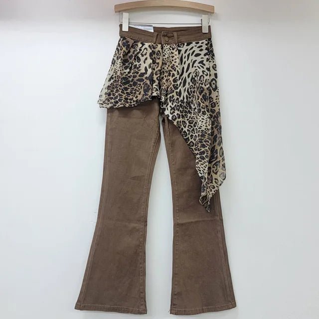 Womens Retro Leopard Patchwork Flare Jeans Winter 2024 - GirlnamedParis